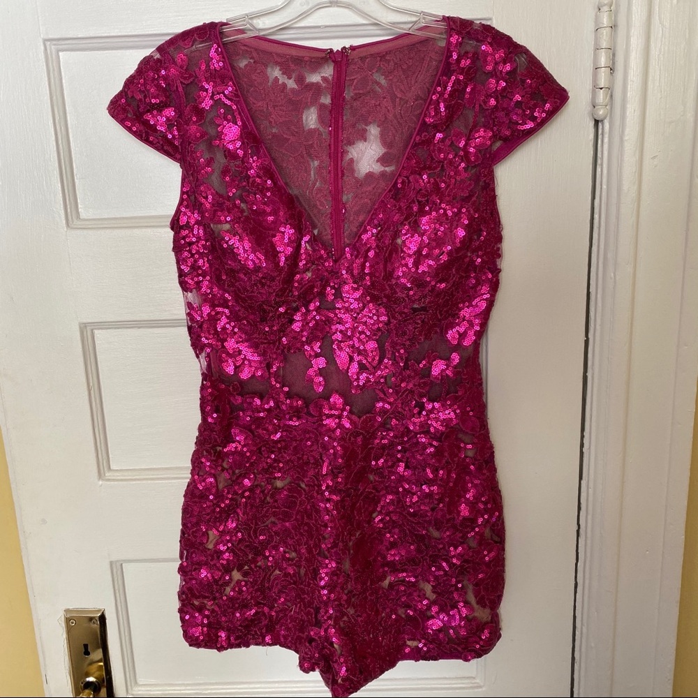 Jovani Beaded Romper Fuschia